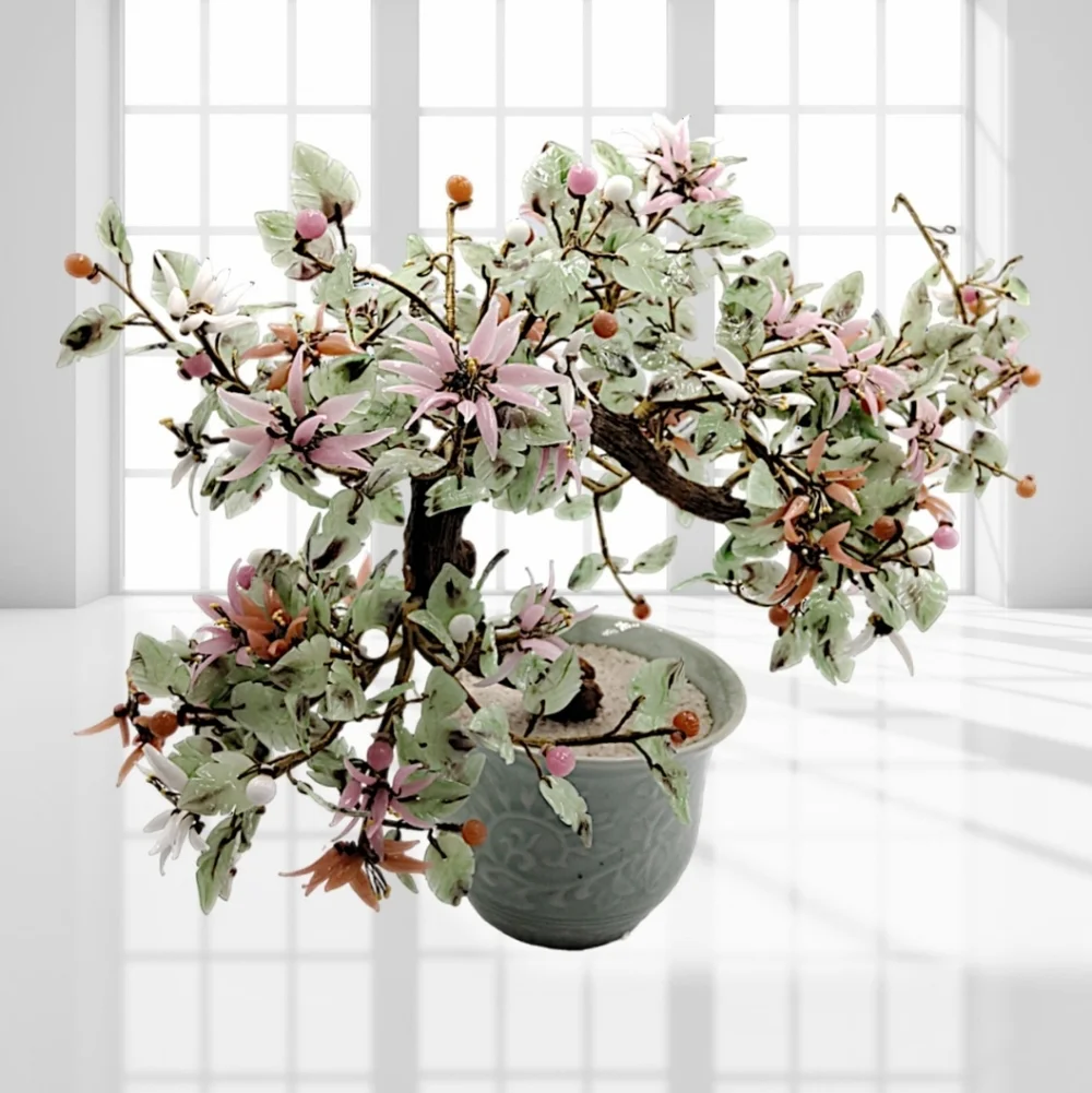 Bonsai Jade Tree Semi-Cascade Style with Pink, White, Salmon Glass